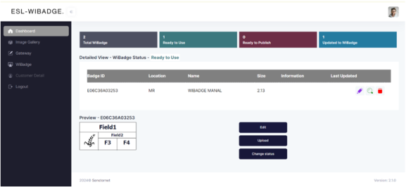 iot company A dashboard interface for ESL-WIBADGE displays badge ID details, status updates, and an editing section. Tabs indicate statuses: Total Wibadge, Ready to Use, Ready to Publish, and Updated to Wibadge.
