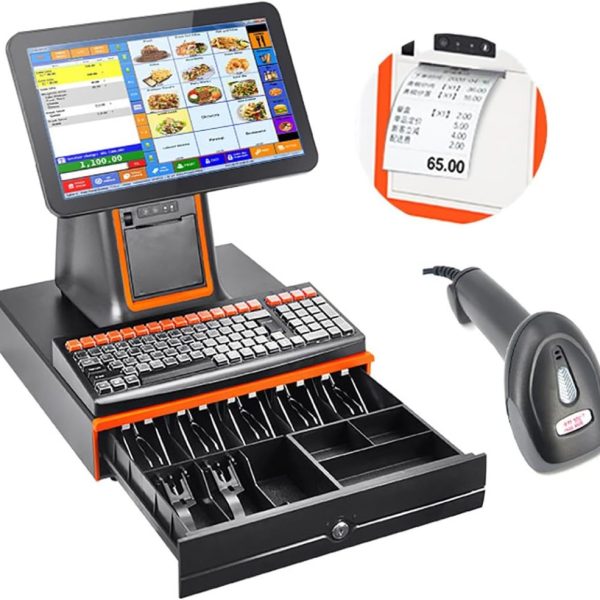 iot company A point-of-sale system with a touchscreen monitor displaying a food menu, a cash drawer, a keyboard, a barcode scanner, and a receipt showing a total of 65.00 units.